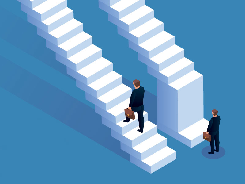 Man walking up staircase while another man face high step