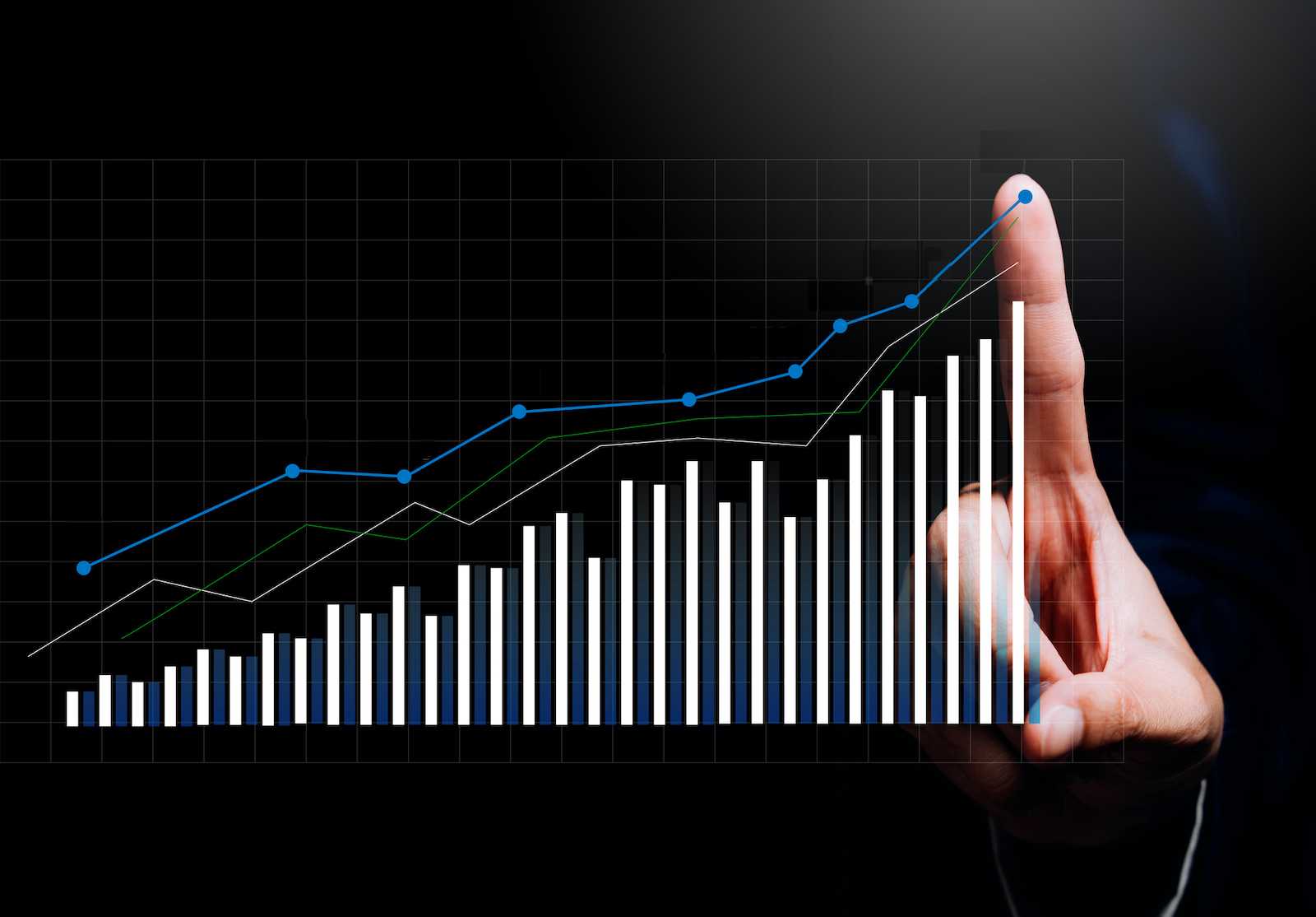 Hand pointing at yearly rising chart, long-term performance growth, strategic business forecast, economic development insight, future opportunity planning, annual progress concept alternate text for this image
