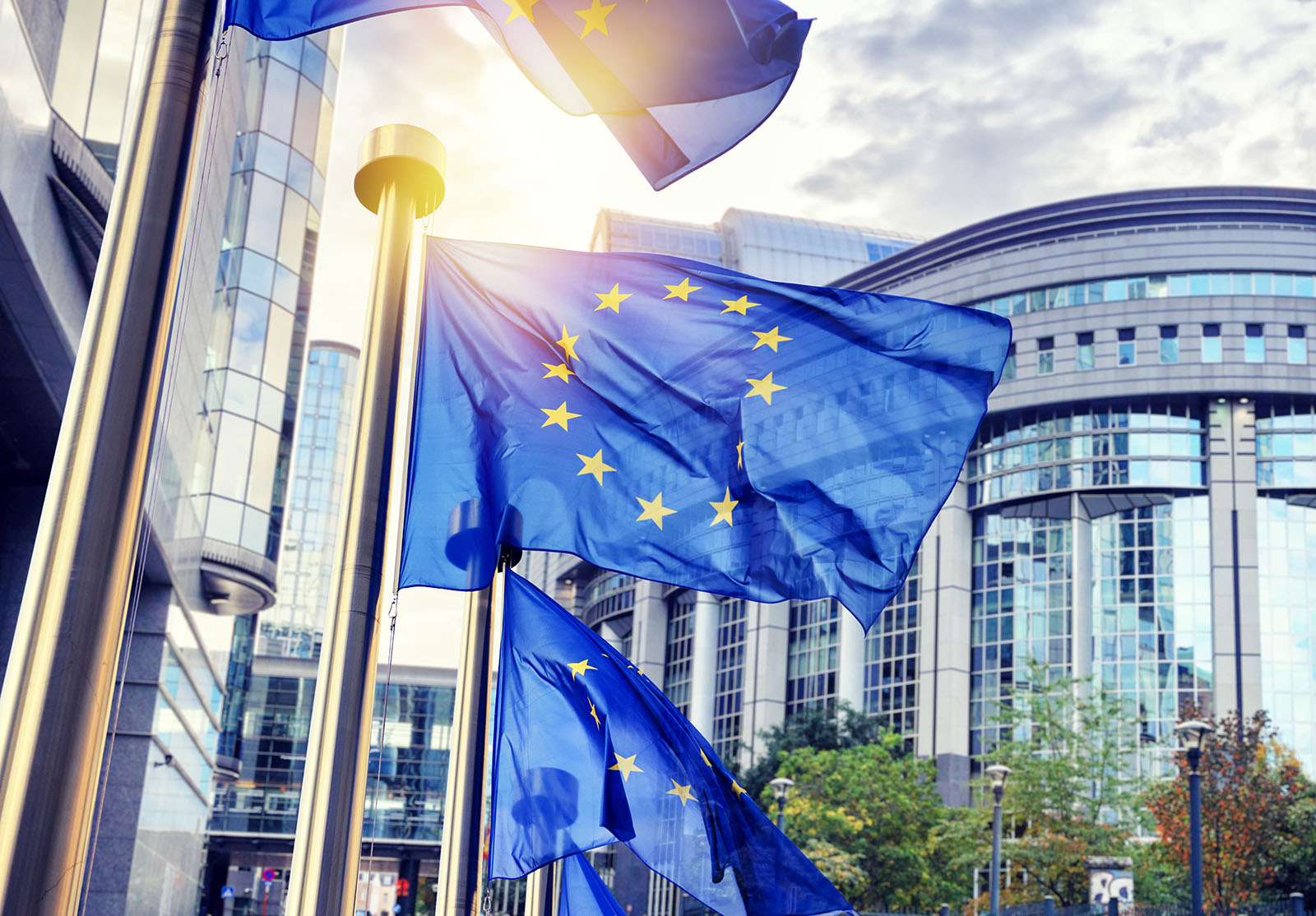 Drapeau de l'Union européenne flottant au vent sur un mât, sur fond de ciel nuageux par une journée ensoleillée, bannière, gros plan