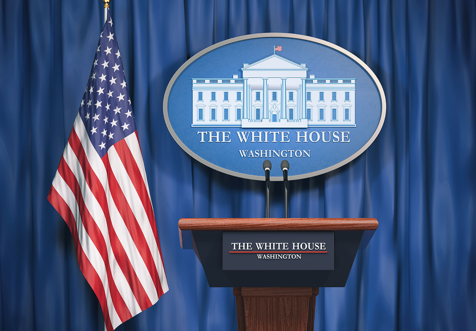 Politique de la Maison Blanche et Président des USA concept des Etats-Unis. Podium orateur tribune avec drapeaux USA et signe de la Maison Blanche. Illustration 3d