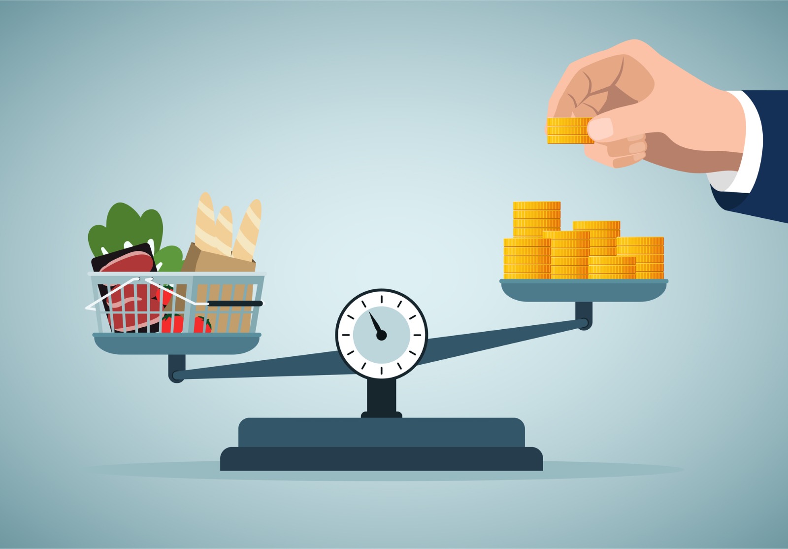 Une balance, d'un côté il y a des sous, de l'autre, il y a un panier d'épicerie.