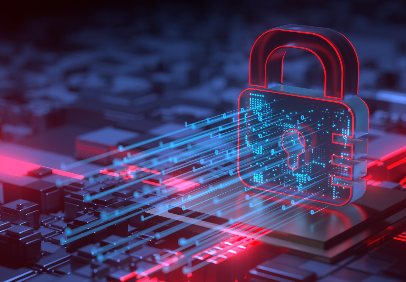Un cadenas posé sur des systèmes informatiques. On voit des données en bleu sortir du cadenas.