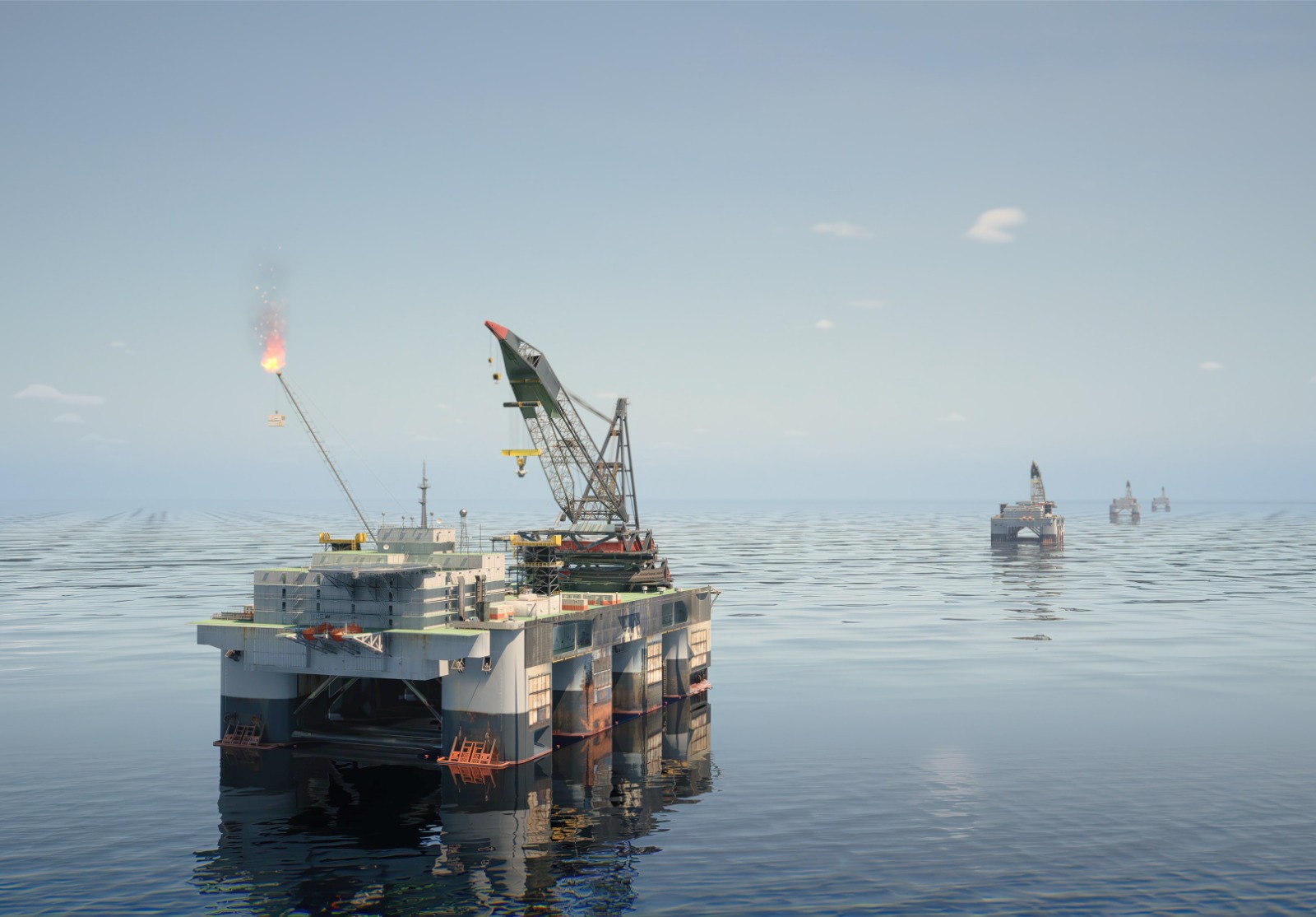 Industrie offshore, production de pétrole et de gaz, oléoduc. Vue aérienne de plates-formes pétrolières offshore travaillant en gros plan de jour.