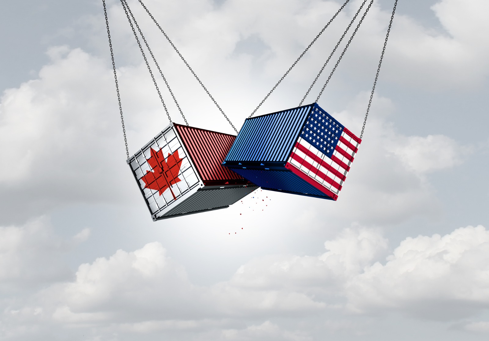 Deux contenants se heurtent, un avec les couleurs du drapeau du Canada et l'autre avec les couleurs du drapeau des États-Unis.
