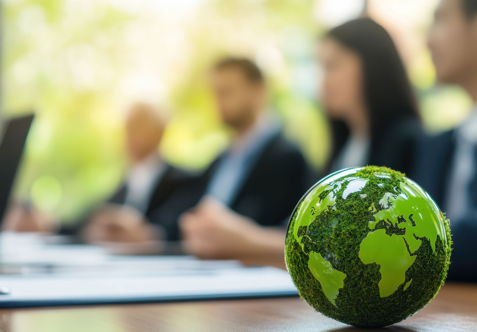 La planète Terre en vert, posée sur une table où des gens discutent.