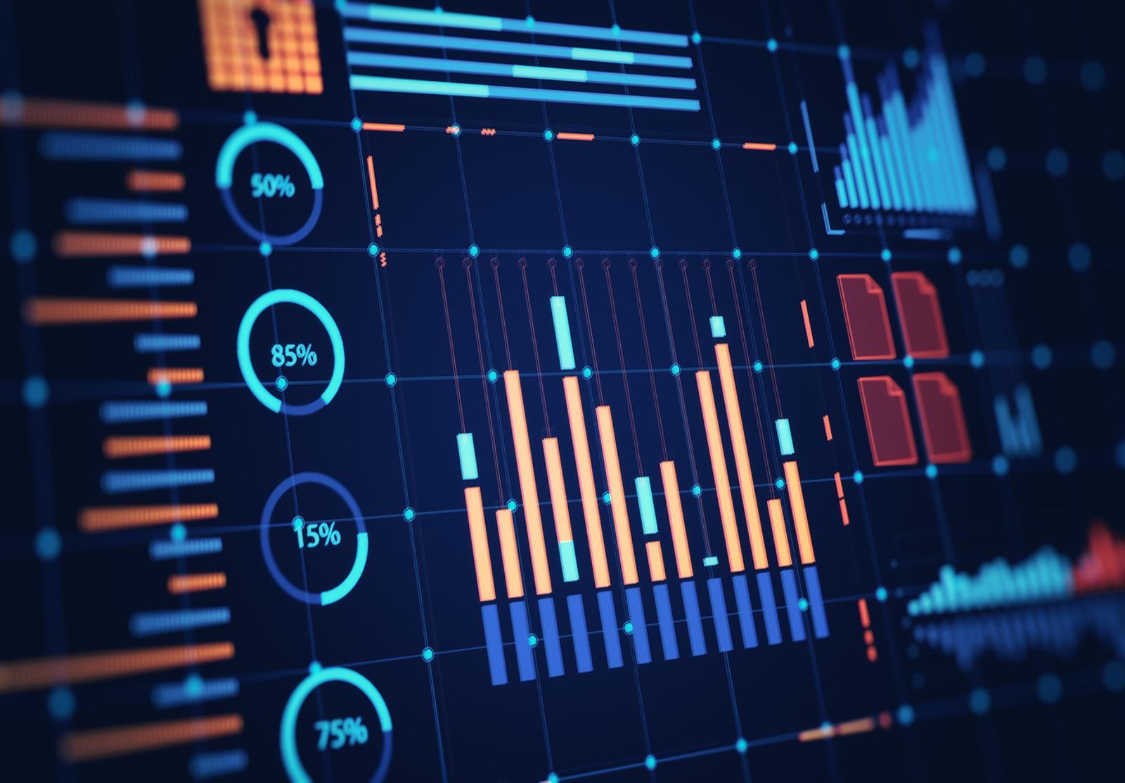 Tableau de bord interactif affichant graphiques, jauges et données financières sur fond sombre.