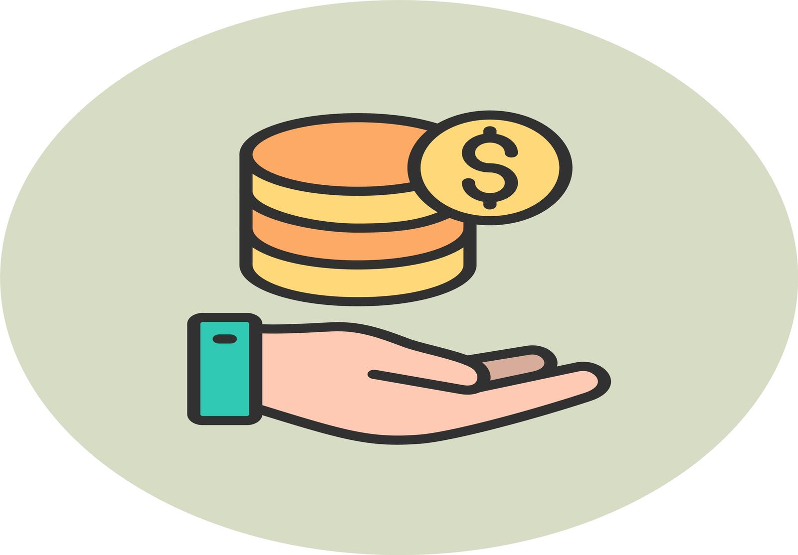 Icône simple et moderne montrant une main ouverte recevant une pile de pièces avec un symbole dollar. Illustration typique pour représenter le paiement, l’aide financière ou le financement.